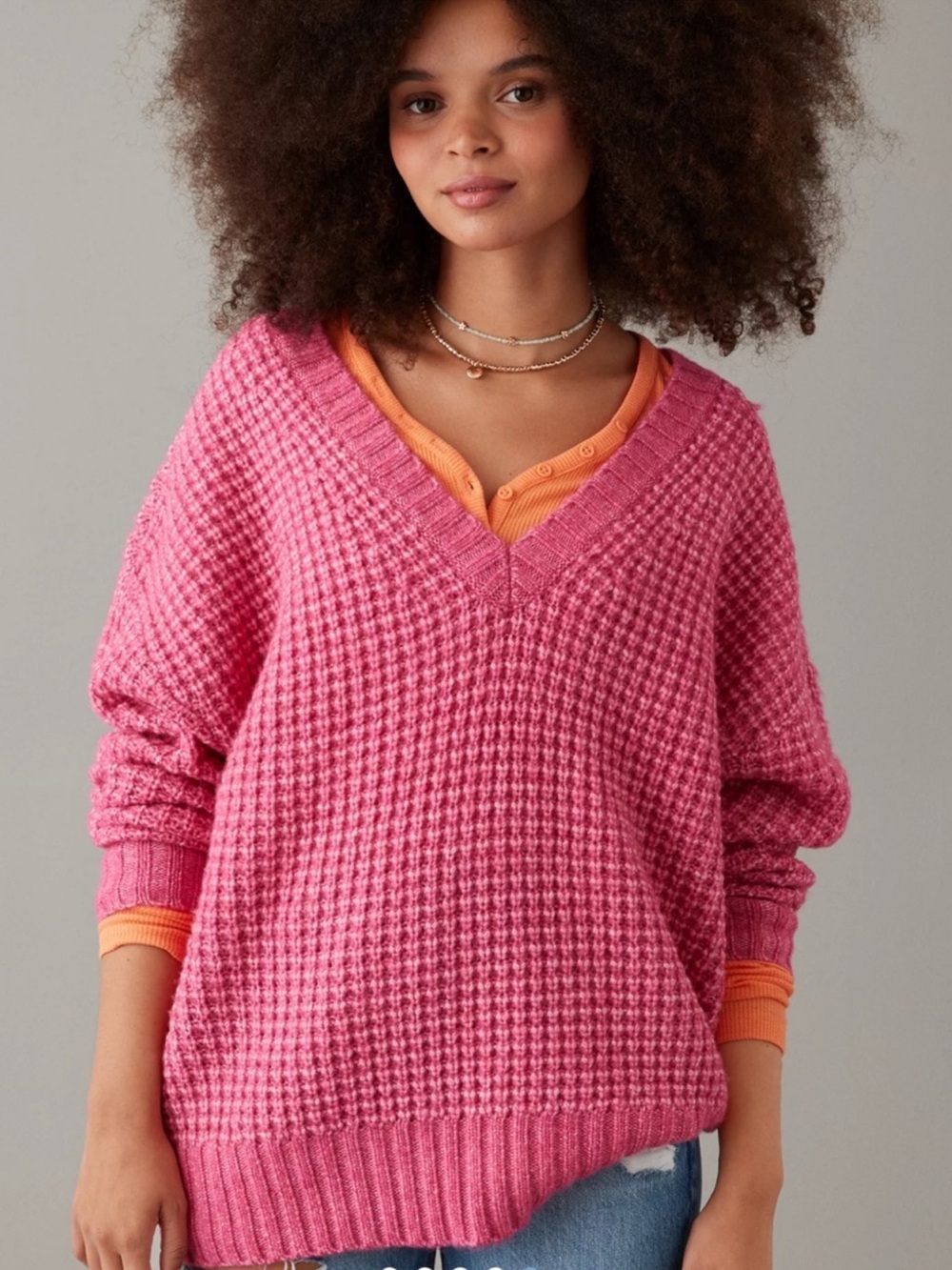 AE Whoa So Cozy Waffle V-Neck Oversized Sweater American Eagle Pink Size Small